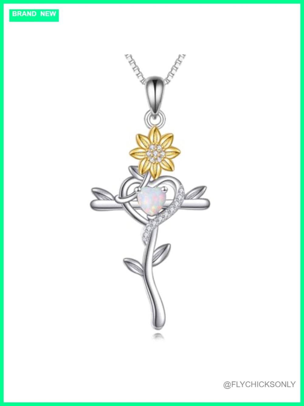 925 Sterling Silver Cross Necklace Sunflower Opal Pendant Religious Jewelry
